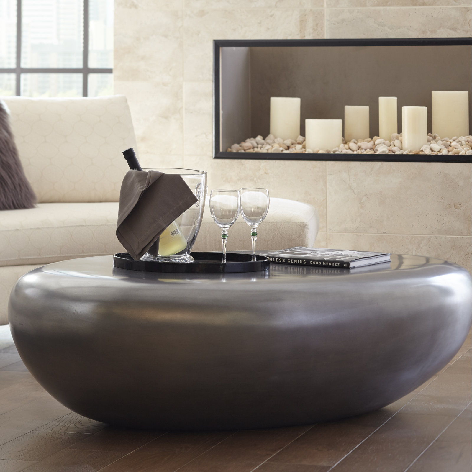 River Stone Solid Coffee Table, 14" H x 42" L x 26" W, Polished Aluminum