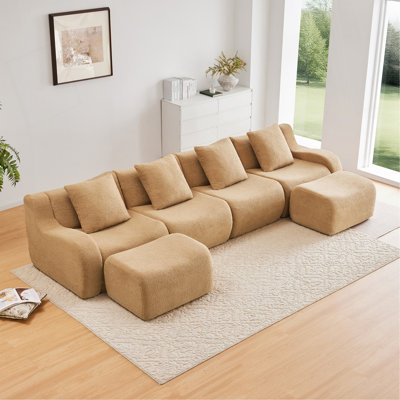 Canapé en forme de U sans os, tissu en peluche sans assemblage requis, accoudoirs incurvés, conception antidérapante, éponge à haute densité 32D au design épuré, emballage sous vide à compression complète, salon pour études, chameau