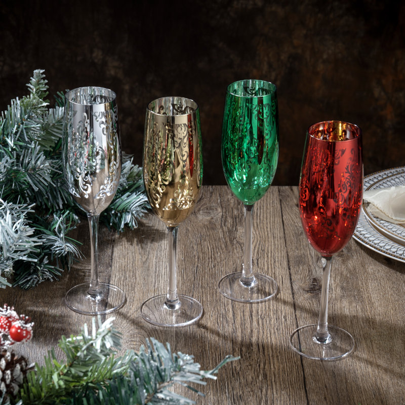 Ivy Bronx 6oz Baroque Christmas Champagne Flutes, Metallic Multicolor, Set of 4
