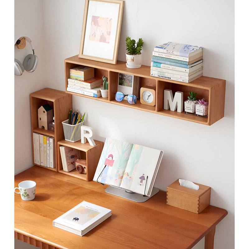 Solid Oak Wall Shelf With Multi-Cubby Design