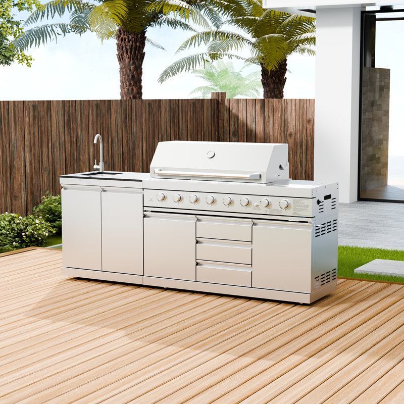 Îlot de cuisine extérieur modulaire en acier inoxydable à 2 brûleurs avec gril, évier et roulettes Akoah