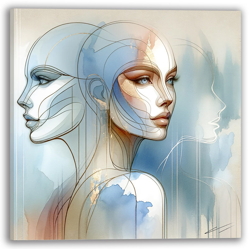 Tranquil faces Abstract Line Art - Art mural sur toile tendue, H 12 po x l 12 po x P 1 po
