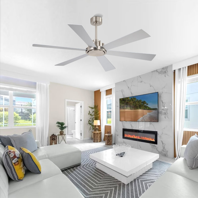 60 po Ventilateur de plafond 6 pales double face en contreplaqué argent et bois flottant avec télécommande DC, nickel sable