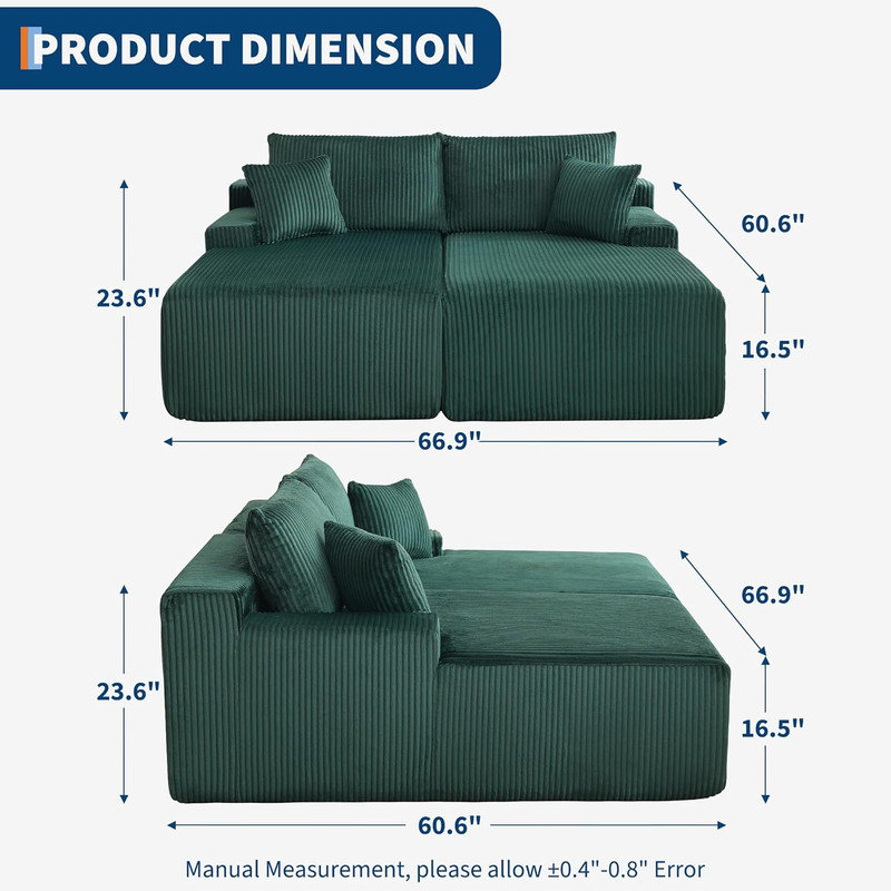 Méridienne double 66 po, siège surdimensionné en velours côtelé rembourré avec assise profonde, sans assemblage, Vert