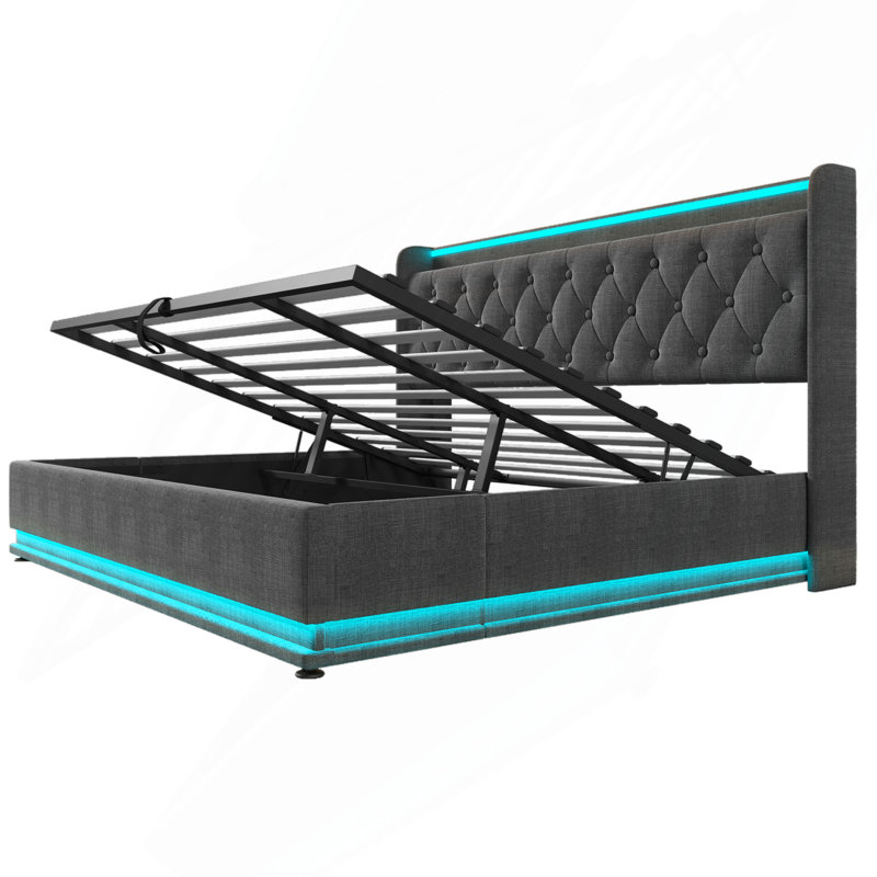 Upholstered Bed With Storage, Rgb Lights And Usb Ports, Black, Queen