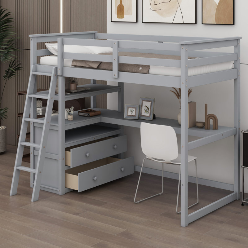 Lit mezzanine avec bureau et tablettes, deux tiroirs intégrés, Gris