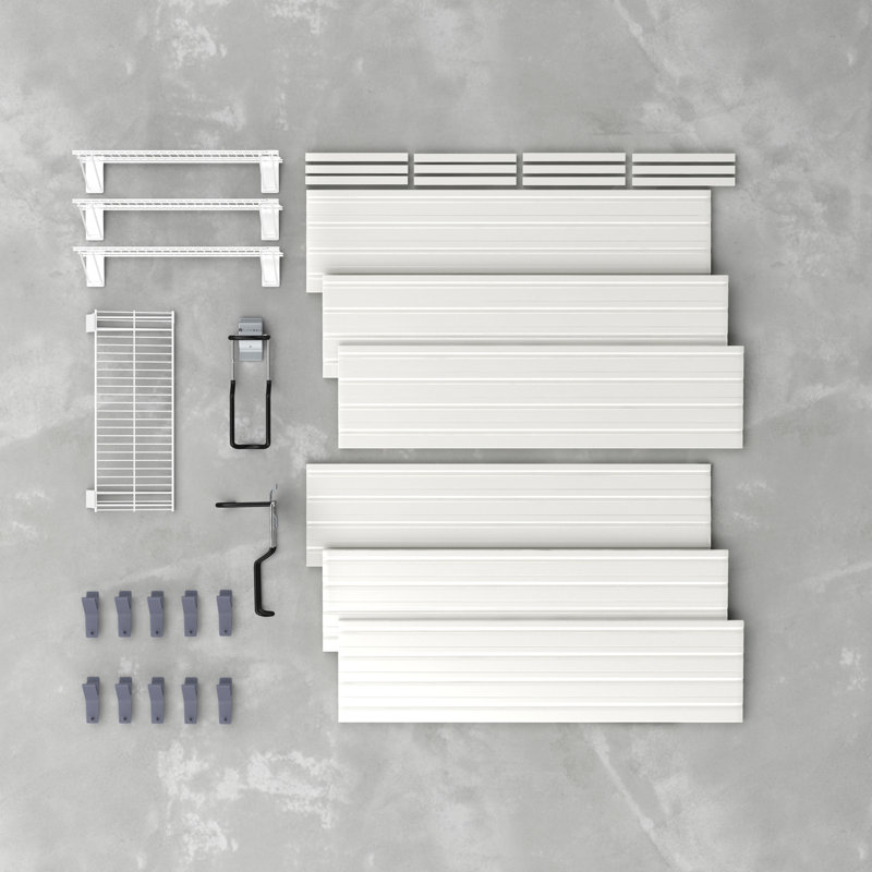 Flow Wall 17 Piece Slatwall Panel, Shelf, Bin & Bike Hook Storage Set - Slatwall, White