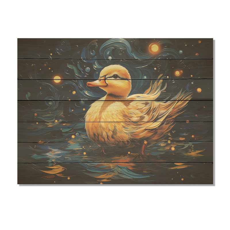 «Yellow Duck Starry Night Wonders» - animal canard sur bois, H 24 po x l 32 po