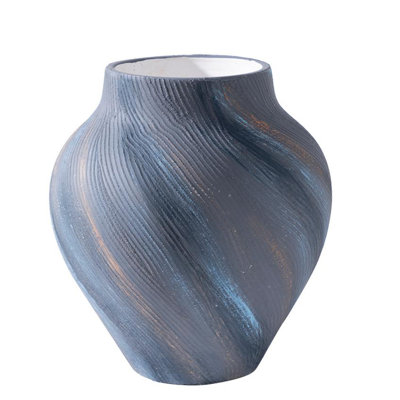 Handcrafted Twisted Fluted Ceramic Table Vase, Abstract Navy Blue Vase with Gold Brush Stroke Texture, Minimalist Farmhouse Decorative Centerpiece Ornament for Living Room Entryway