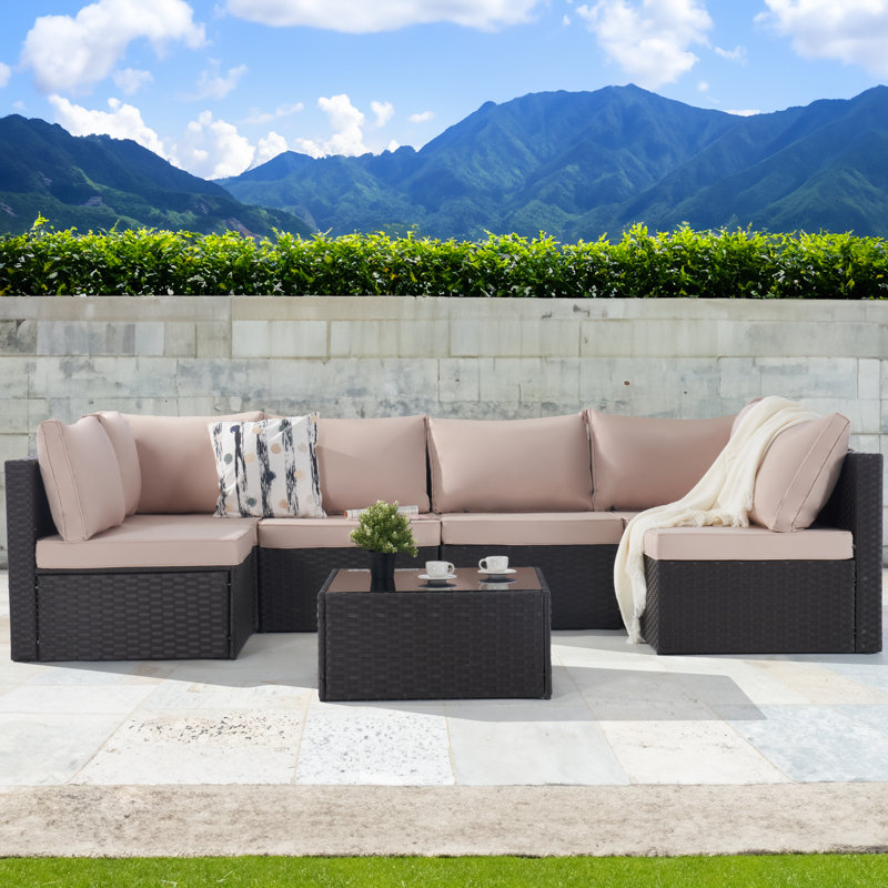 7-Piece Wicker Patio Conversation Sofa Set - Outdoor Sectional Seating with Tempered Glass, Tan