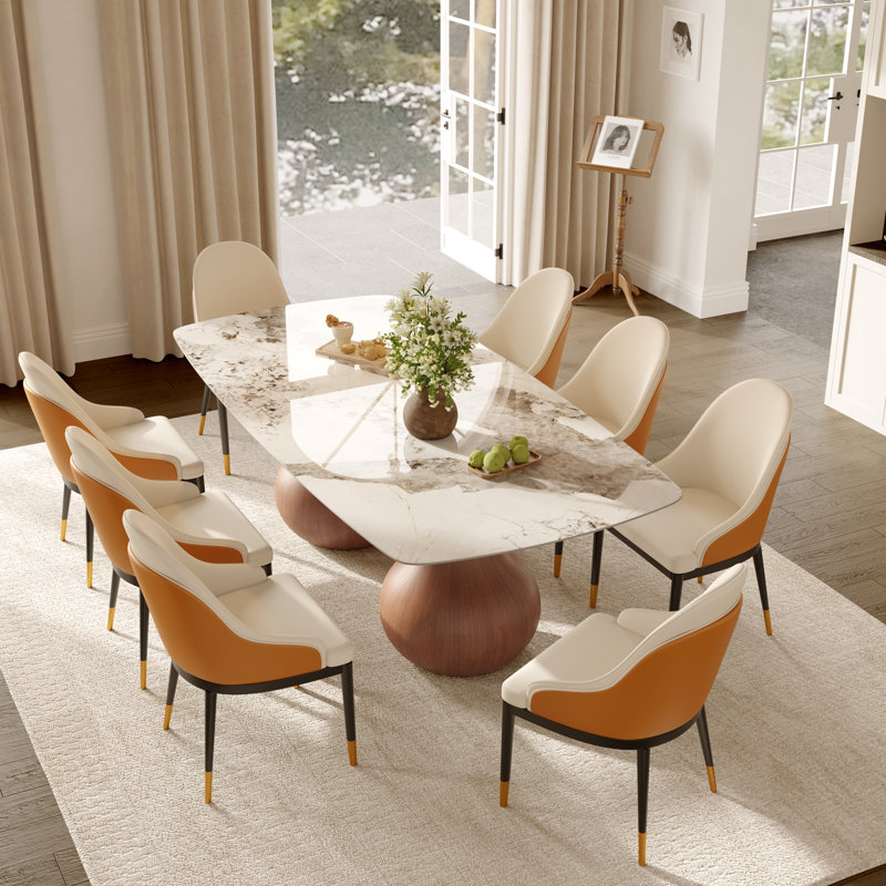 Grande table de salle à manger, 9 pièces : table, 8 chaises, Dessus ambré / base brune / chaises orange