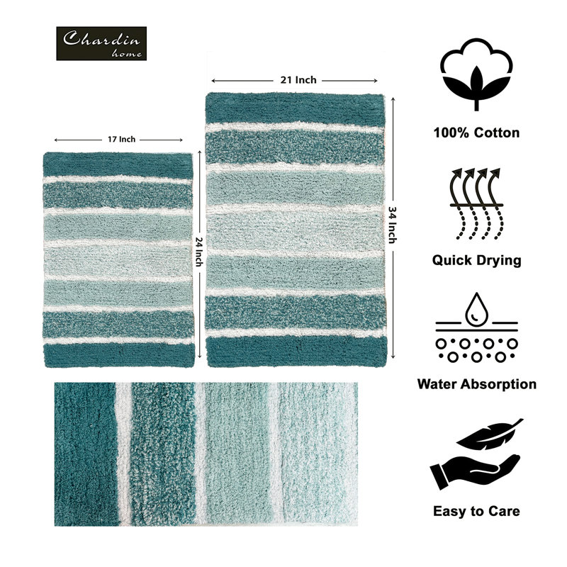 Cervantes 100% Cotton Non-Slip Bath Rug, Teal Blue/Green, 21''x34''/17''x24''
