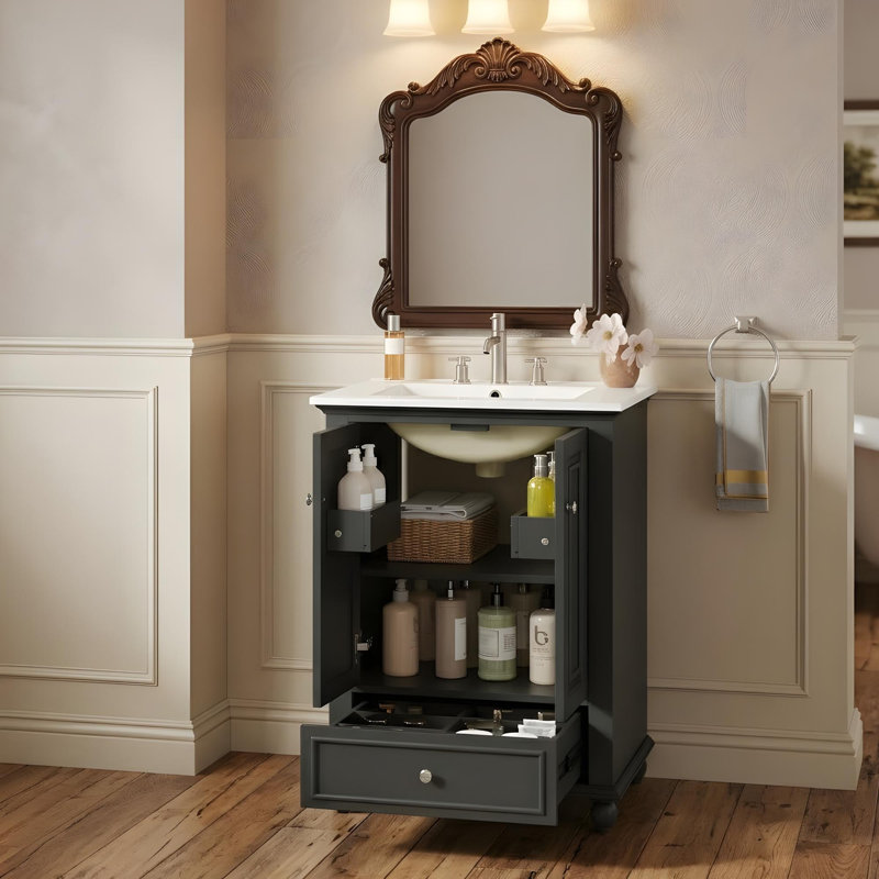 Meuble-lavabo de 24 po avec lavabo en céramique et rangement polyvalent, Noir