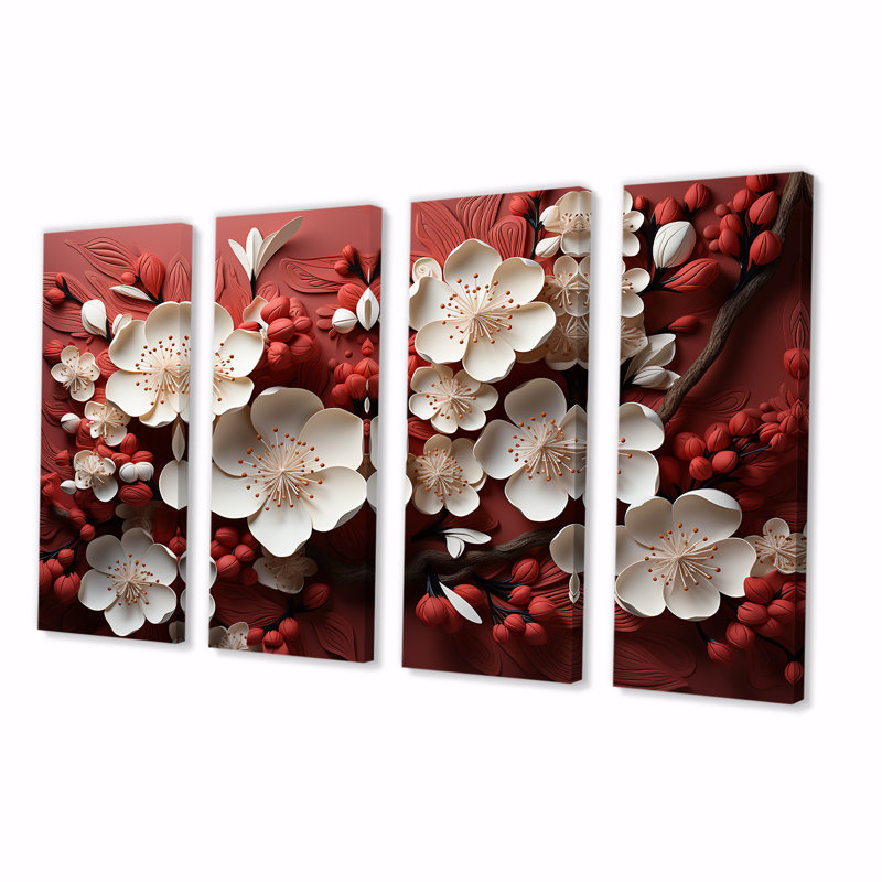 Ensemble de 4 décorations murales orchidées blanches et rouges IV - Floral Abstract, H 28 po x l 48 po
