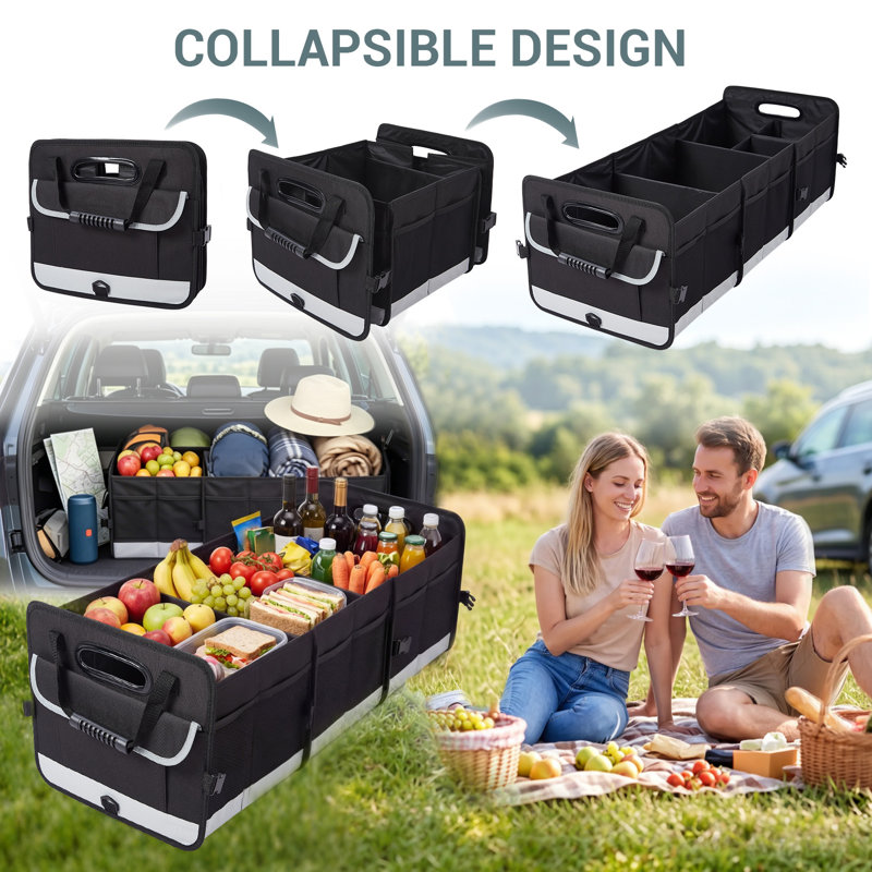 Organisateur de coffre pour VUS, noir-gris, 35,4 po x 13,8 po x 11,8 po, avec poignée et couvercle, 3 compartiments, pliables et antidérapants, pour l'organisation du rangement du coffre de voiture