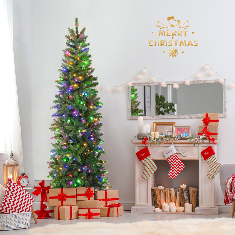 6'/7.5' H Slender Green Realistic Artificial Spruce Christmas Tree w/ LED Lights, 6' H