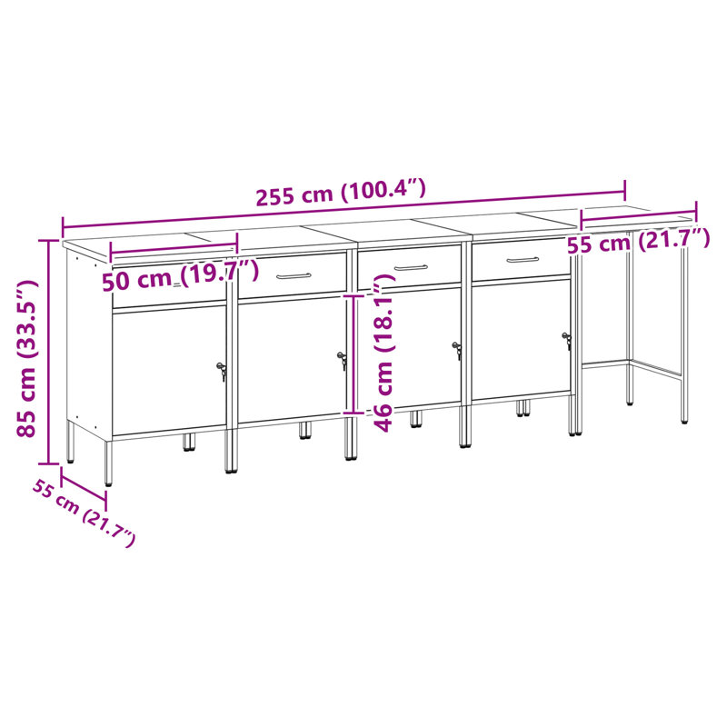 Set Of 5 Steel Large Height-Adjustable Workshop Cabinet, Black