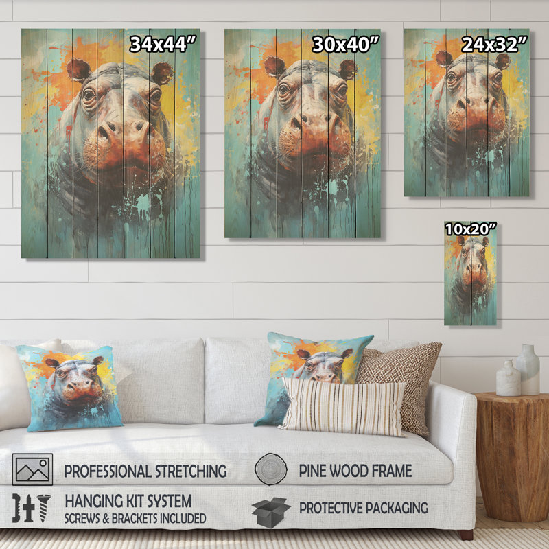 Popart Hippos World - Hippopotame sur bois, H 44 po x l 34 po