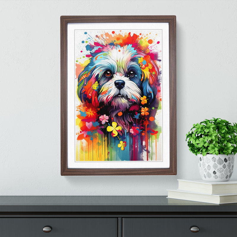 Shih Tzu Informel - Single Picture Frame Rectangle Print on Wood, Walnut , 64cm H x 46cm W x 2cm D