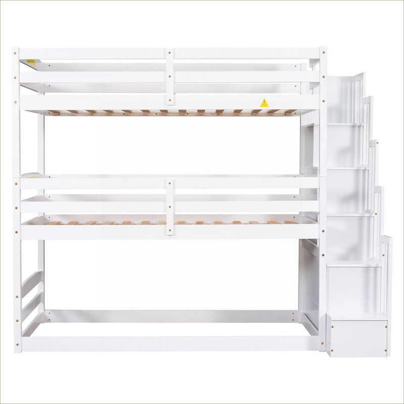 Solid Pine Transitional Triple Bunk Bed, Separate Design with Storage Staircase, Twin Size, Crisp White