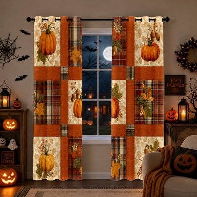 2 pièces rideaux occultant en patchwork de citrouille, feuilles d'automne à carreaux isolées et isolantes et rideaux pour la chambre à coucher, salon, décoration d'Halloween