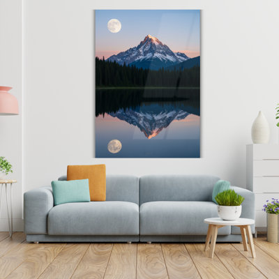 Snowy Mountain Lake Reflection Tempered Glass Wall Art