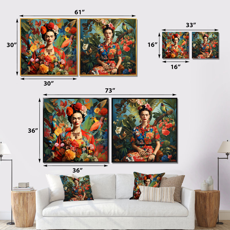Ensemble de 2 reproductions d'art sur toile colorées Frida, Toile tendue, H 16 po x l 33 po x P 1 po