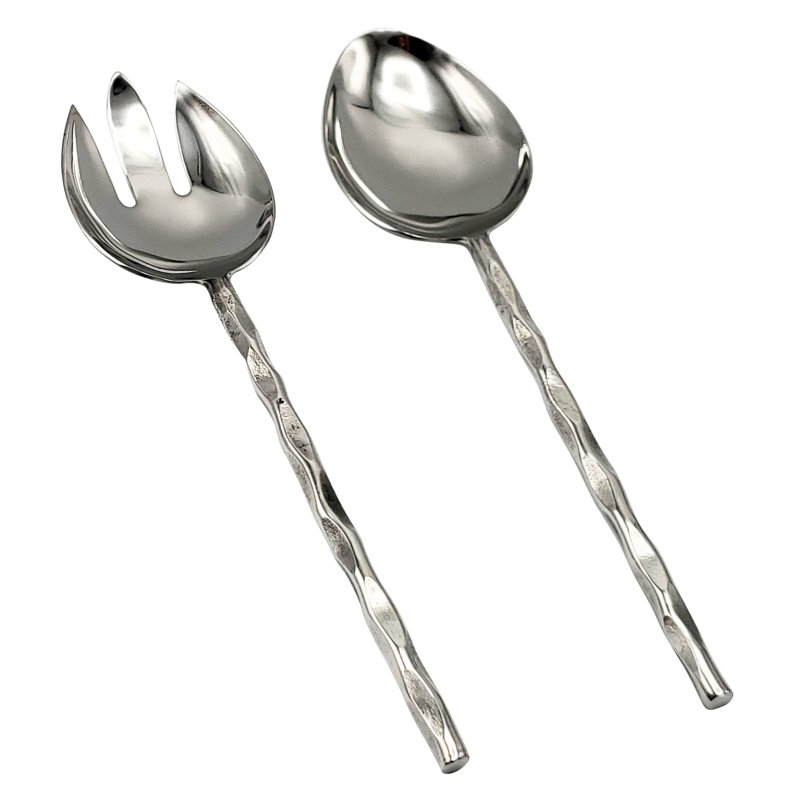 Elyon Diamond Reflective Silver Salad Serving Set Indian Artisan Made Hostess Set Hand Forged Stainless Steel 2 Pieces