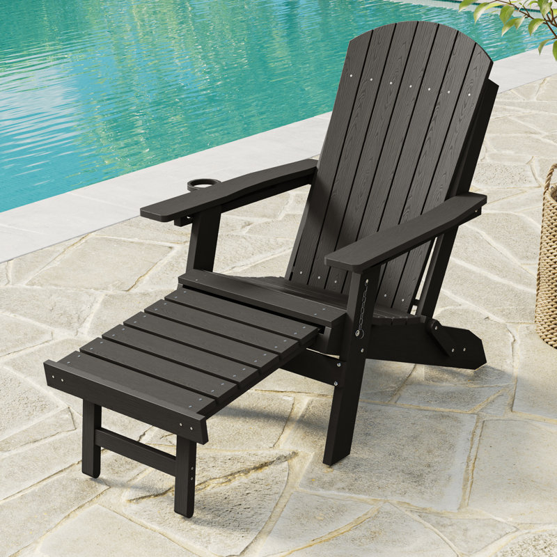 Folding Adirondack Chair with Retractable Ottoman & Cup Holder, 3-Position Adjustable for Patio, All-Weather Outdoor Seating