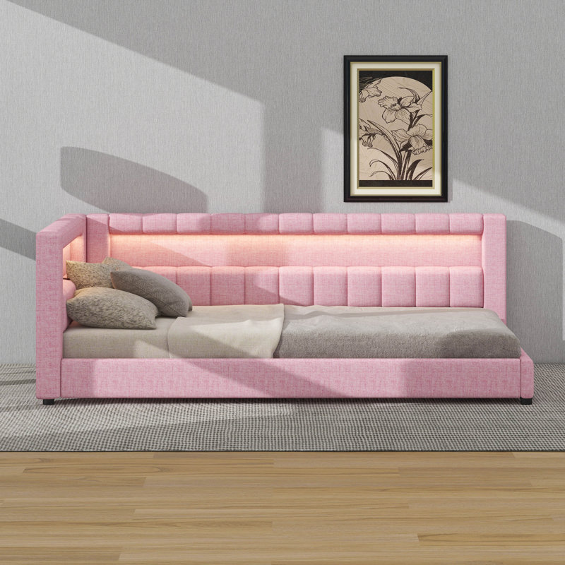Upholstered Daybed With Storage, L-Shaped Daybed With LED Belt And USB Ports, Twin XL, Pink