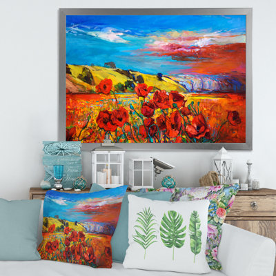 «Blossom Red Poppy Fieldsunder a Blue Sky», peinture sur toile