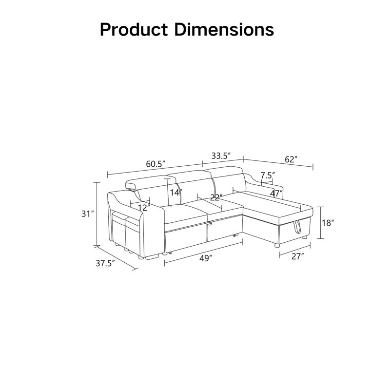 Ensemble de canapé convertible 3 pièces en cuir noir respirant avec rangement et fonction de lit - Canapé modulaire multifonctionnel pour petits espaces