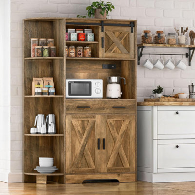 67" Farmhouse Kitchen Pantry Storage Cabinet W/Sliding Barn Door & Power Outlet, Freestanding Hutch With Shelves & Drawers, Microwave Stand, Large Kitchen Cupboard For Dining Room, Oak
