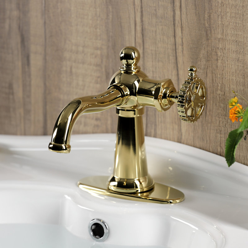 Kingston Brass Fuller Single-Handle 1-Hole Deck Mount Bathroom Faucet with Push Pop-Up and Deck Plate, Polished Brass, Wheel