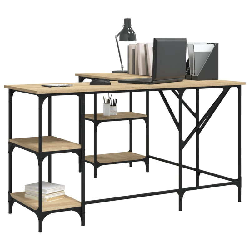 Aahad L-Shaped Metal Base Writing Desk, Sonoma Oak