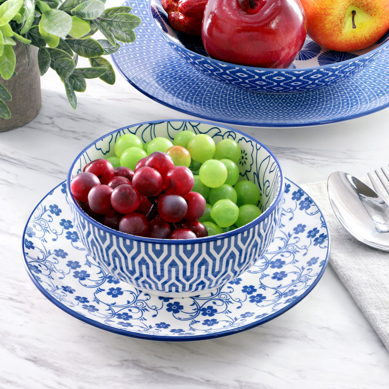  Reflections 16 Piece Assorted Stoneware Double Bowl Dinnerware Set in Blue