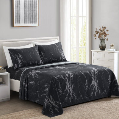 Marina Decoration Home Decor Bedding Bedroom Bedsheet Soft Silky Deep Pocket Rayon from Bamboo All Season 6 Pieces Printed Sheet Set with 4 Pillowcases, Modern Black Marble Pattern King Size