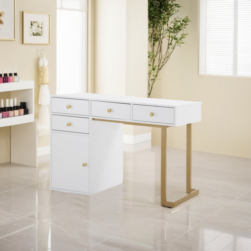 Arbadella Vanity Makeup Desk, Rectangle Accent Manicure Table with Cabinet, White/Gold