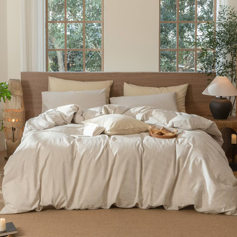 MooMee Striped Duvet Cover Set 100% Washed Cotton Linen Like Textured, Pinstripes - Tannish Linen Gray/White