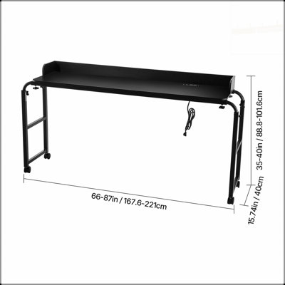 Height-Adjustable Mobile Overbed Table with 4 Wheels, Power Socket, and Anti-Slip Edge for Home, Office, and Study