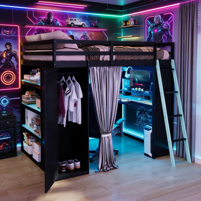 Full Size Wood Loft Bed With Blackout Curtains, Wardrobe, Storage, Rgb Lights, Ladder And Usb Ports For Kids & Teens