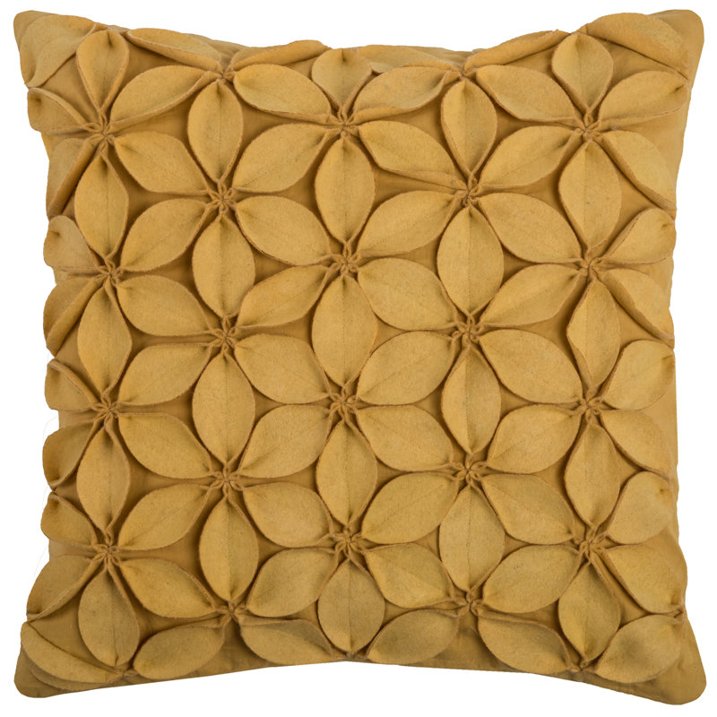Yellow Wool Cotton Square Floral Applique Pillow 18" x 18"