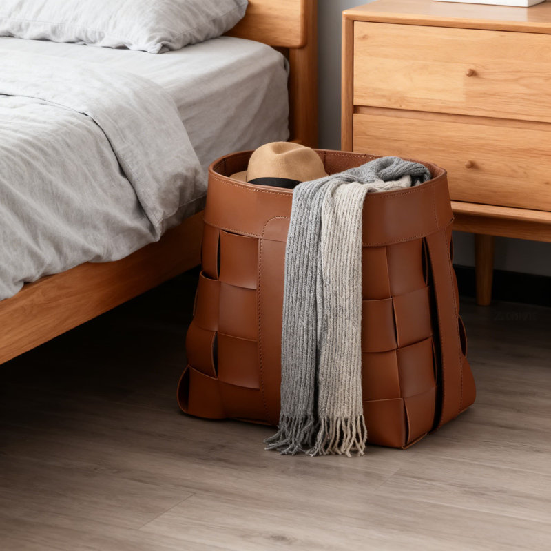 Nordic Style Woven Leather Laundry Hamper - Stylish Storage Basket For Clothes, Toys, And Snacks With Handles For Home And Living Room