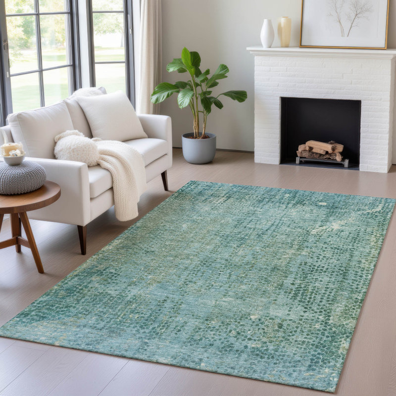 Tapis bleu sarcelle lavable à la machine intérieur / extérieur Xhevrie, Rectangle 10 pi x 14 pi