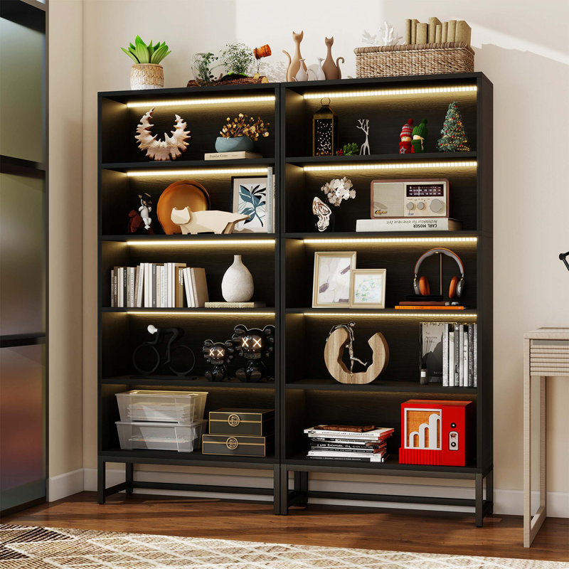Tall Bookcase with Adjustable LED Lighting and Heavy Duty Storage, Black