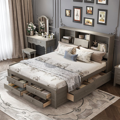 Platform Bed with Storage Headboard and 8 Drawers, Solid Wood Construction, No Box Spring Needed by Latitude Run