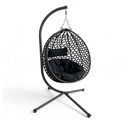 Fauteuil à œufs pliant suspendu en rotin PE avec support, chaise à bascule hamac intérieur et extérieur noir, structure en aluminium et acier pour patio, balcon, cour arrière