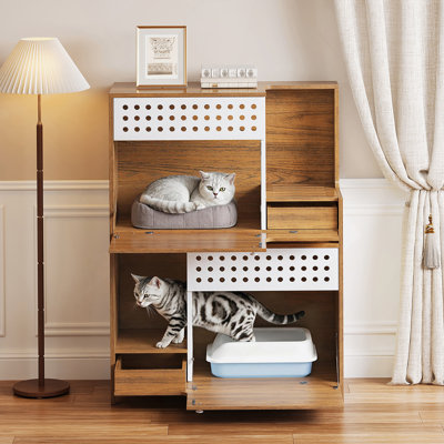 Meuble pour chat moderne 2 en 1 avec bac à litière caché et rangement pour deux chats