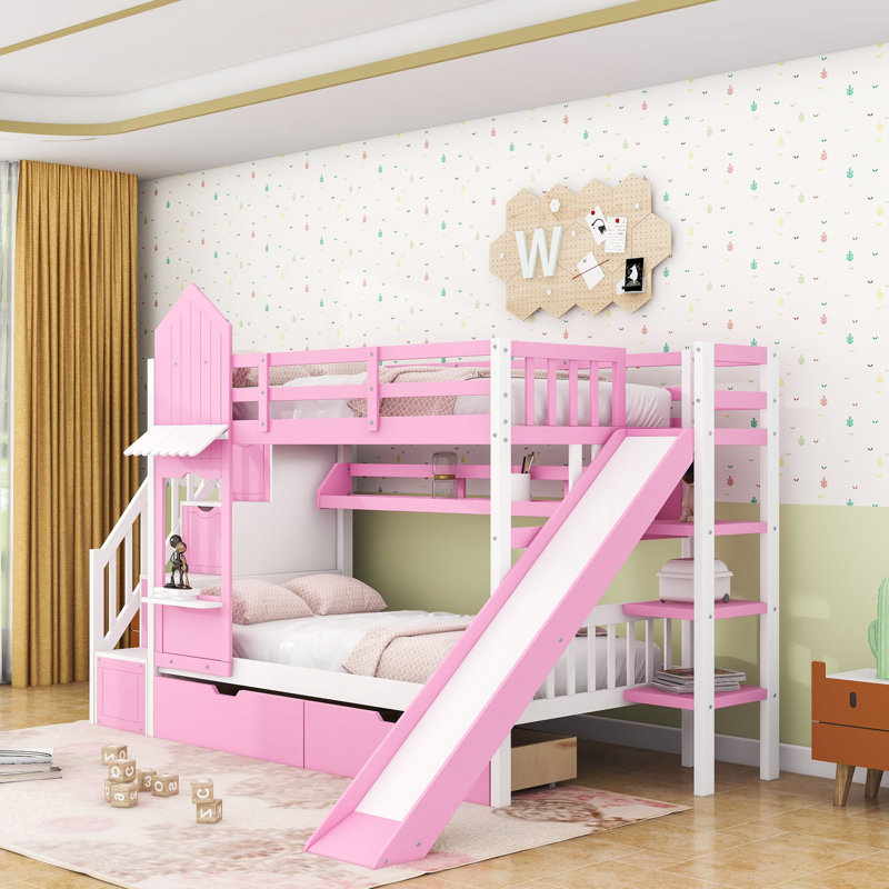 2 Drawers Bunk Bed with Storage Stairs, Slide and Shelves, Twin over Twin, Pink