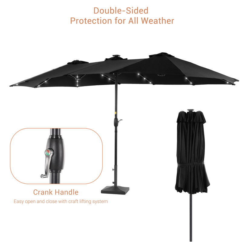 Parasol de marché solaire à DEL 15 pi x 9 pi avec base Mabry, Noir, noir, noir, noir